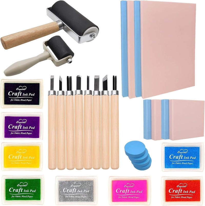 HRJZF 30PCS Rubber Block Stamp Carving Blocks with Cutter Tools and Rubber Brayer Roller for DIY Printmaking and More Crafts (Combo Pack) - Image 1